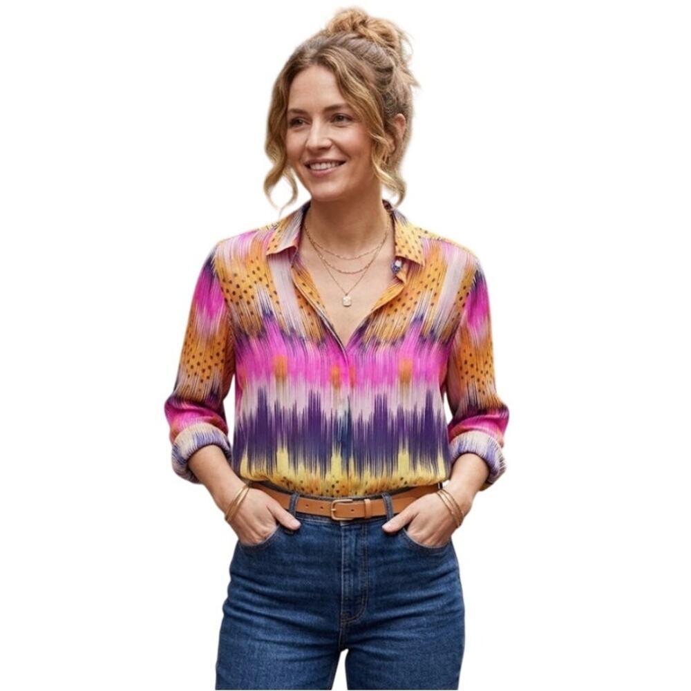 Leifsdottir Anthropologie NWT 100% Silk Ikat Zig Zag Button Down Blouse Pink 4